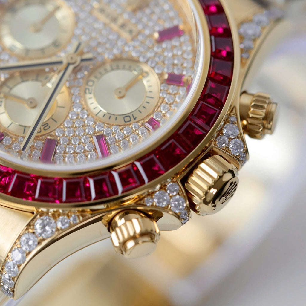Rolex Daytona 126598TRU Watch Gold Wrapped + Ruby + Diamonds Moissanite 40mm