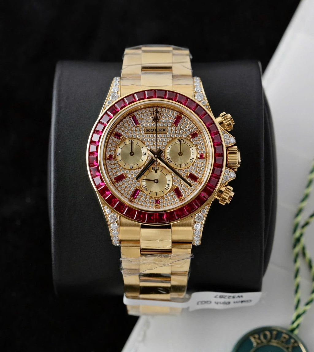 Rolex Daytona 126598TRU Watch Gold Wrapped + Ruby + Diamonds Moissanite 40mm