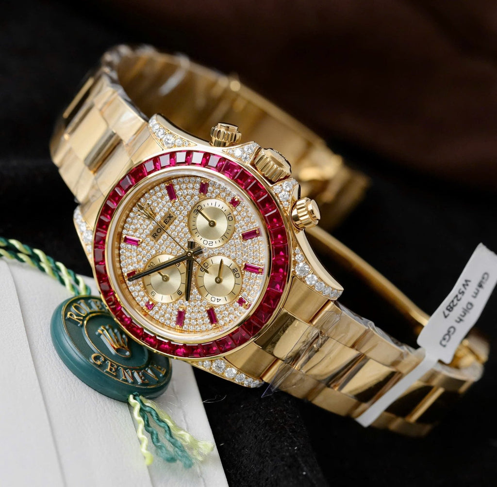 Rolex Daytona 126598TRU Watch Gold Wrapped + Ruby + Diamonds Moissanite 40mm
