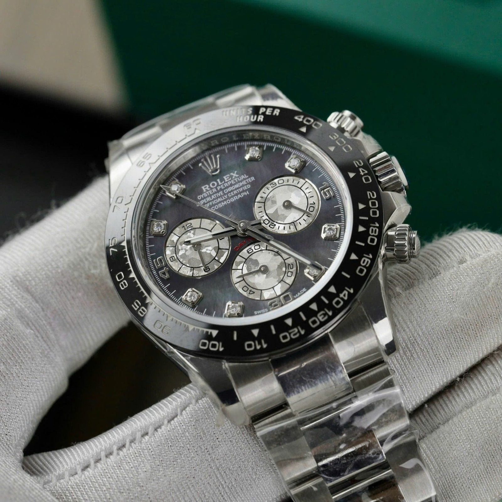 Rolex Daytona Watch Dial Mother Of Pearl Moissanite Diamonds 40mm