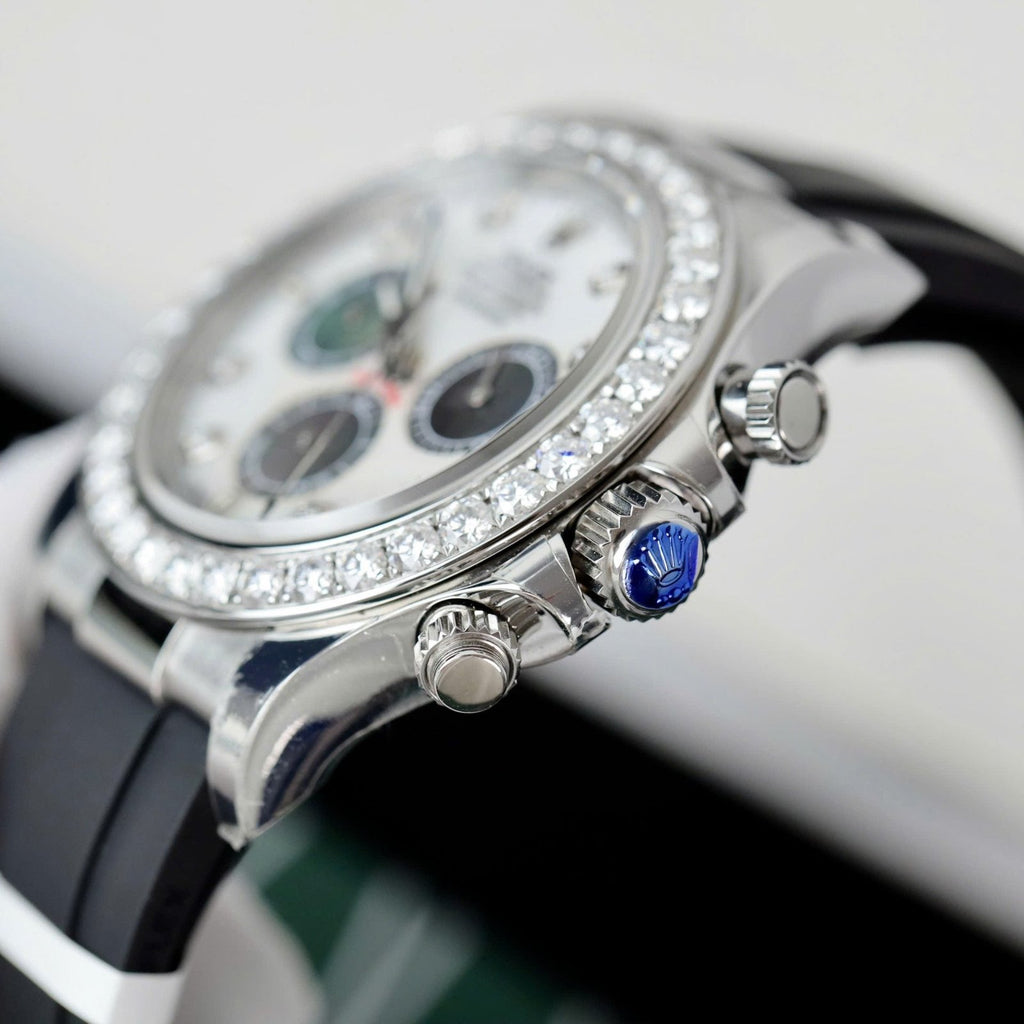 Rolex Daytona Dial MOP Watch Number Pile + Bezel Diamonds Moissanite 40mm