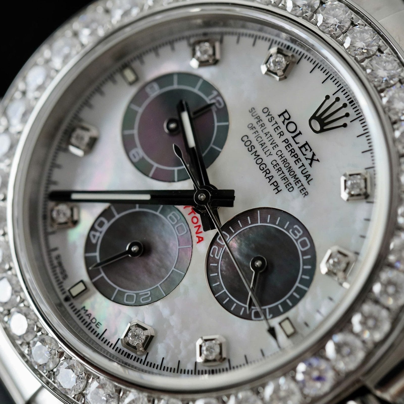 Rolex Daytona Dial MOP Watch Number Pile + Bezel Diamonds Moissanite 40mm