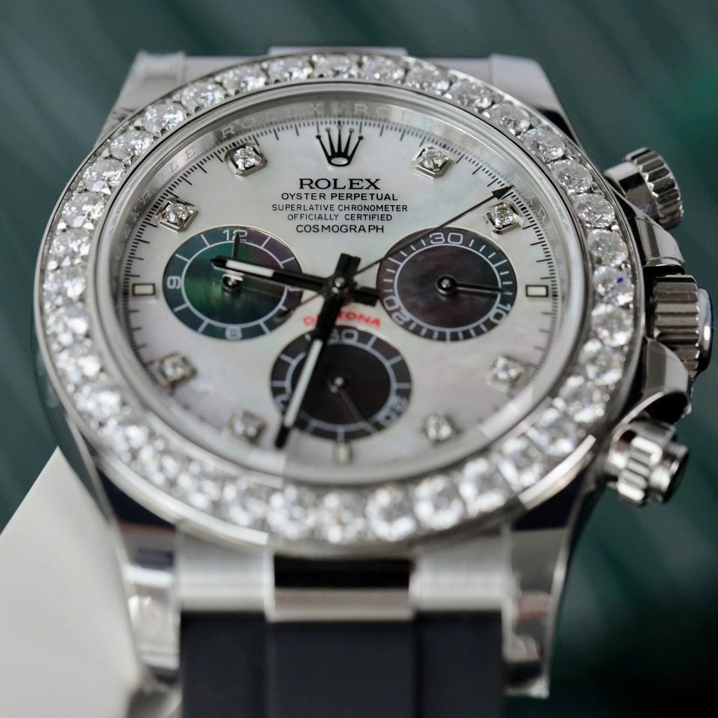 Rolex Daytona Dial MOP Watch Number Pile + Bezel Diamonds Moissanite 40mm