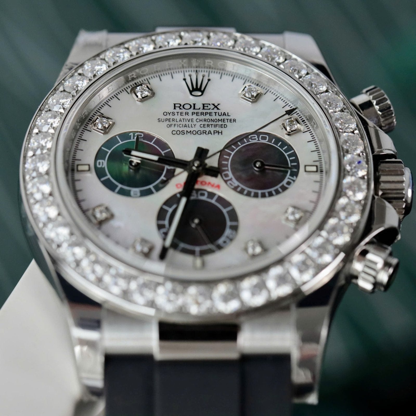 Rolex Daytona Dial MOP Watch Number Pile + Bezel Diamonds Moissanite 40mm
