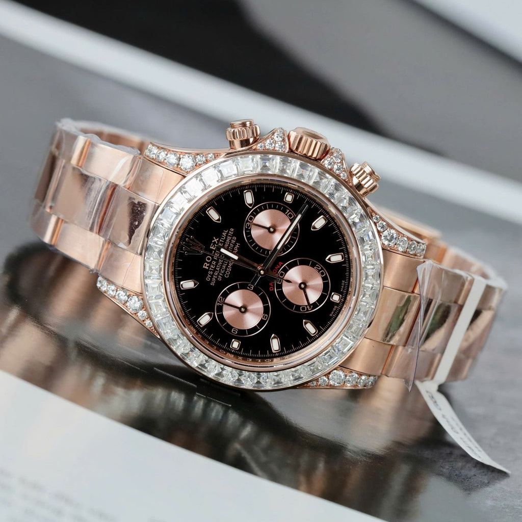 Rolex Daytona Dial Black Watch Gold Wrapped + Diamonds Moissanite Baguette 40mm