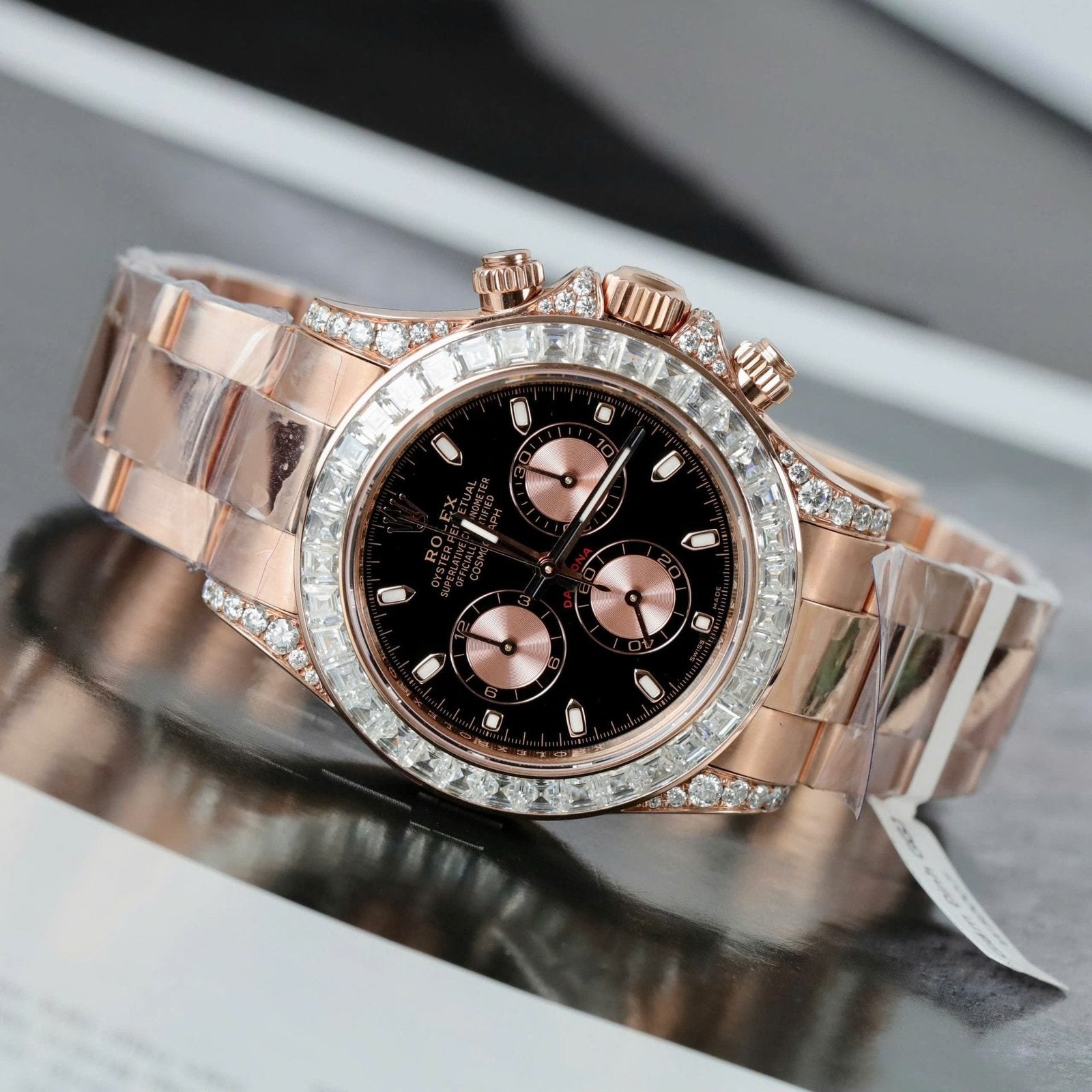 Rolex Daytona Dial Black Watch Gold Wrapped + Diamonds Moissanite Baguette 40mm