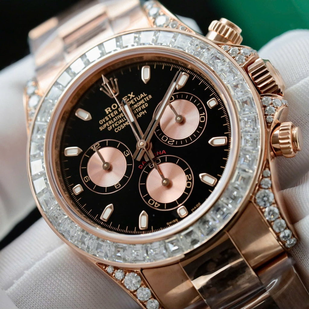 Rolex Daytona Dial Black Watch Gold Wrapped + Diamonds Moissanite Baguette 40mm