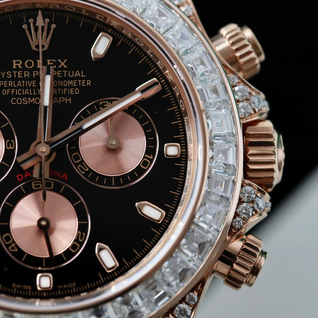 Rolex Daytona Dial Black Watch Gold Wrapped + Diamonds Moissanite Baguette 40mm