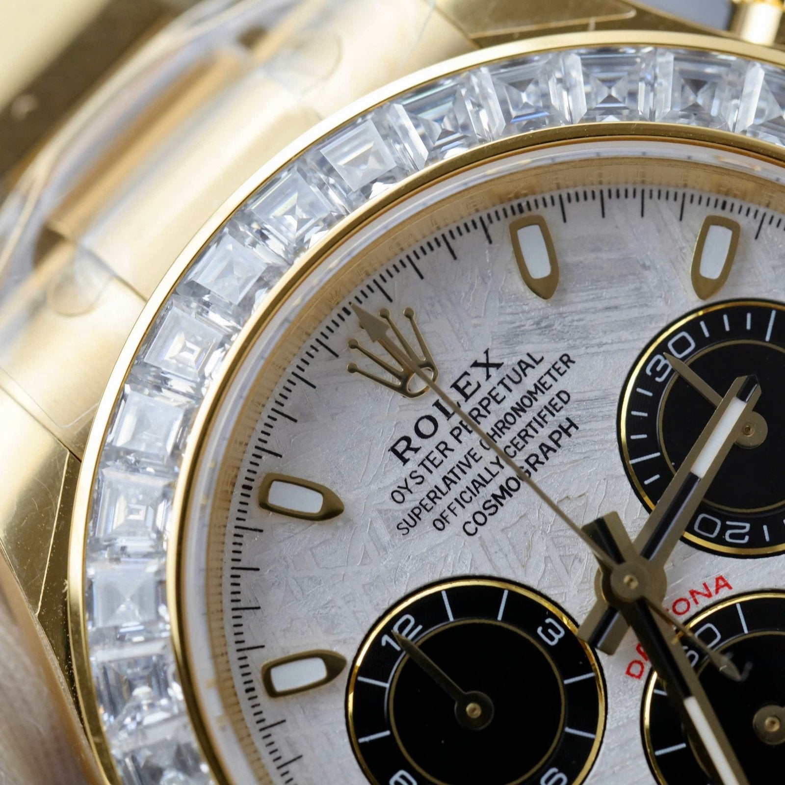 Rolex Daytona Meteorite Dial Watch Gold Wrapped + Moisanite Baguette 40mm