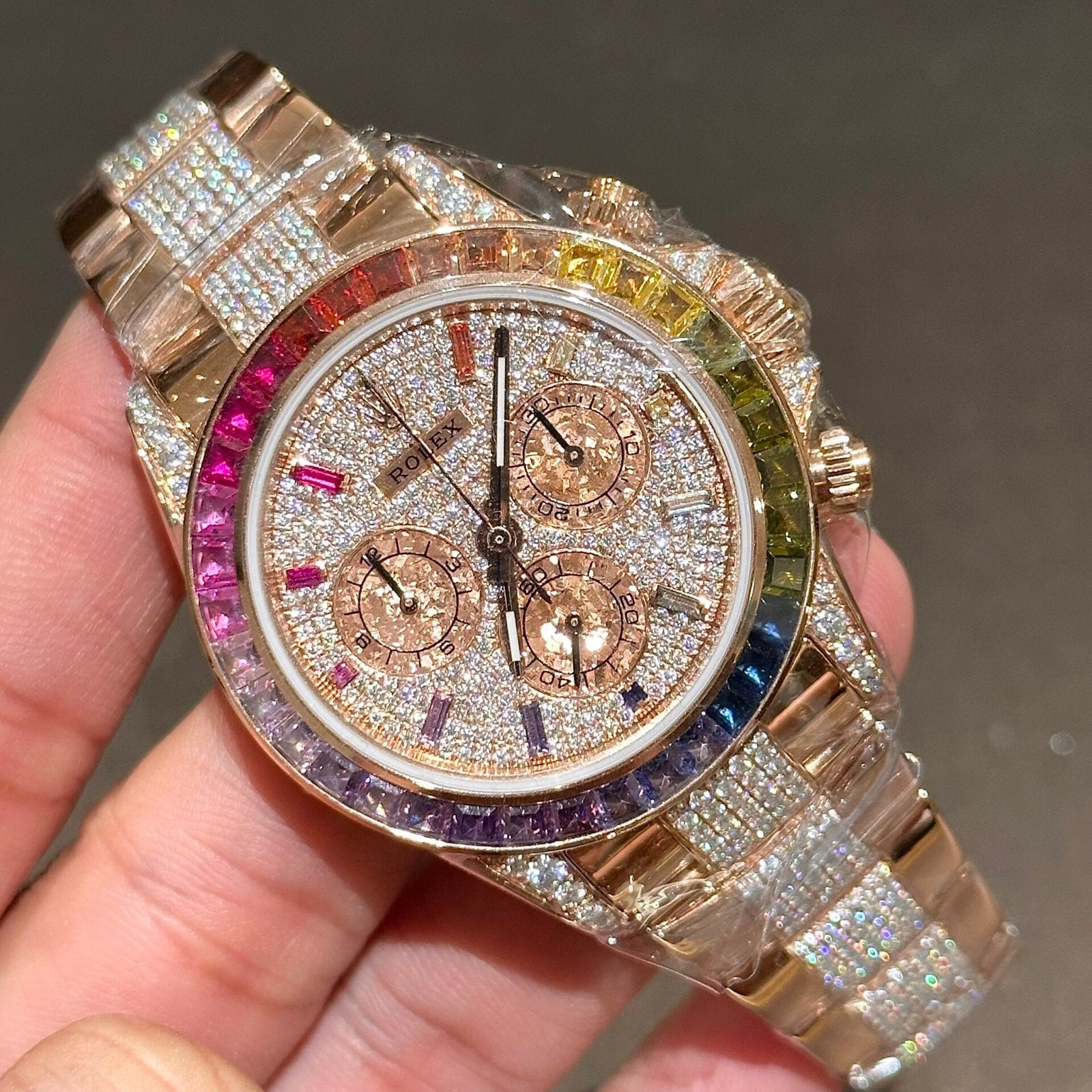 Rolex Daytona Rainbow Watch Gold Wrapped With Moissanite Diamonds 40mm