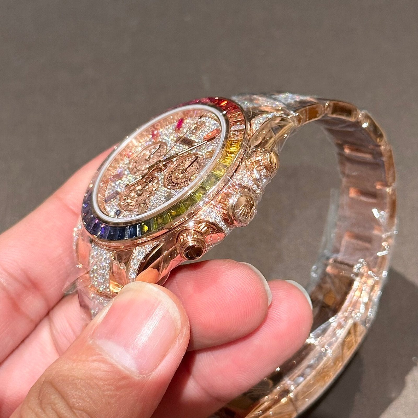 Rolex Daytona Rainbow Watch Gold Wrapped With Moissanite Diamonds 40mm