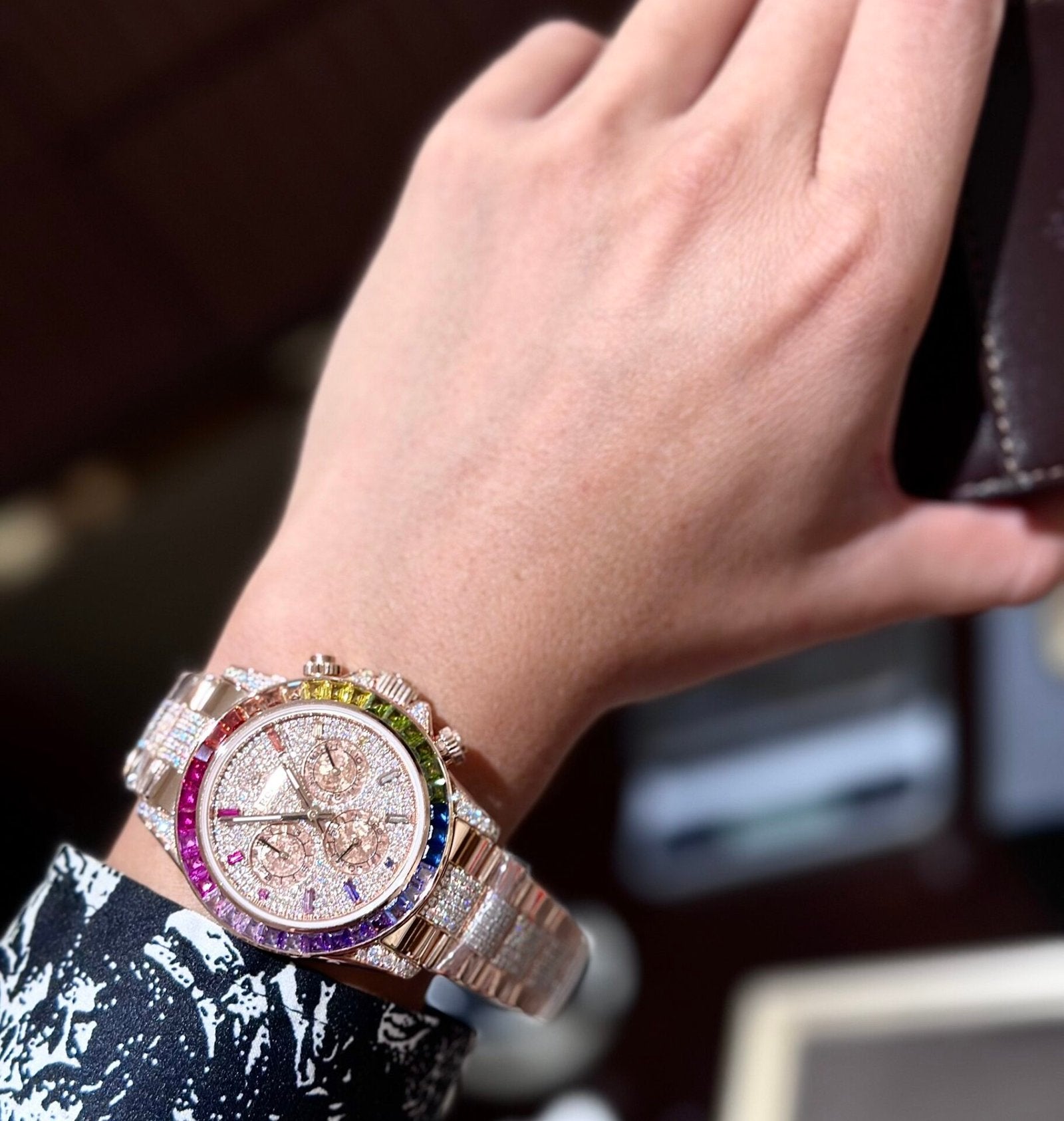 Rolex Daytona Rainbow Watch Gold Wrapped With Moissanite Diamonds 40mm