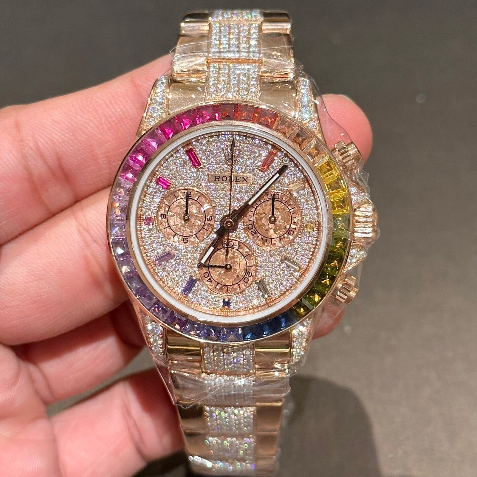 Rolex Daytona Rainbow Watch Gold Wrapped With Moissanite Diamonds 40mm