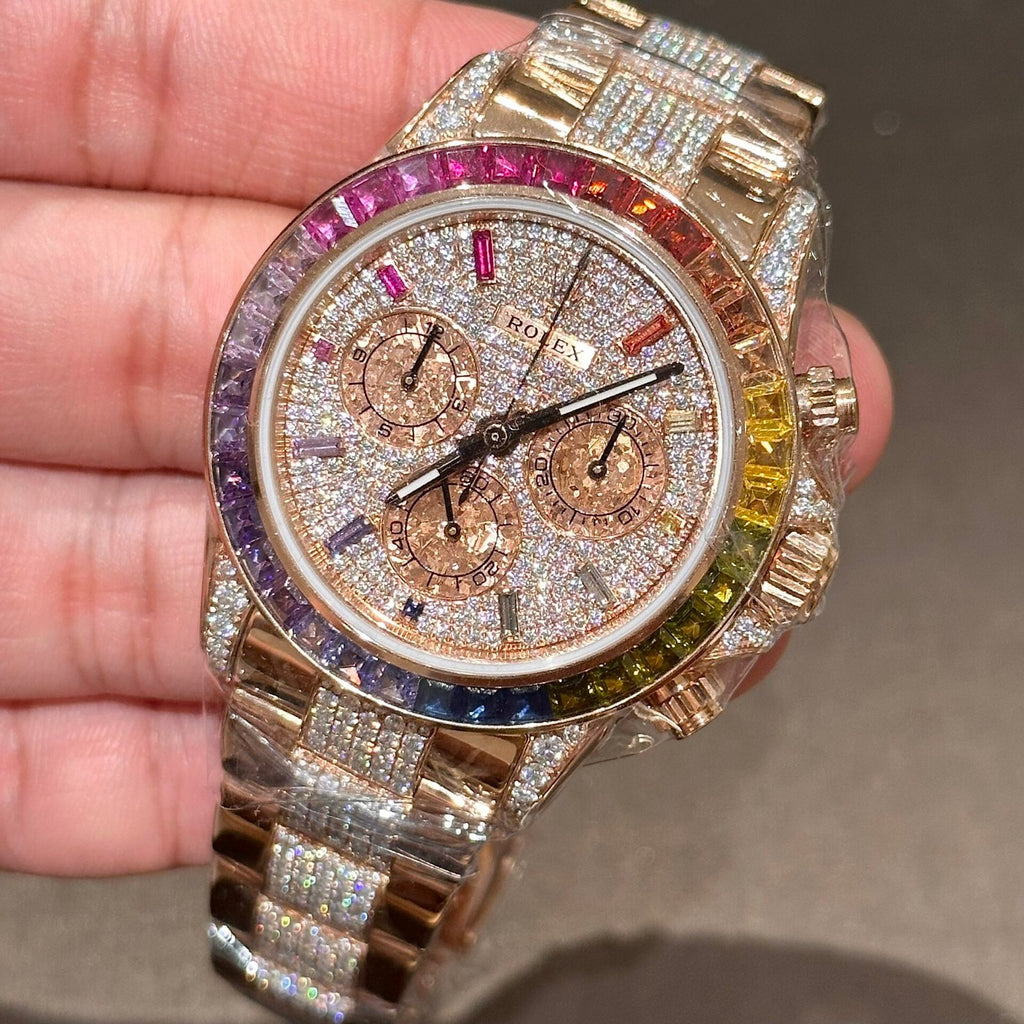 Rolex Daytona Rainbow Watch Gold Wrapped With Moissanite Diamonds 40mm