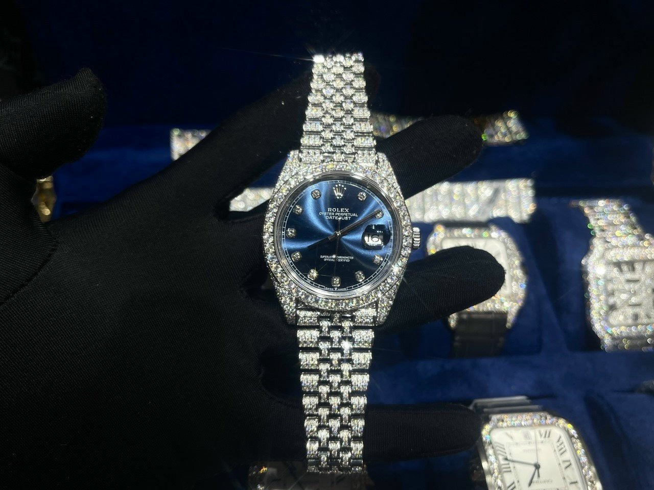 Rolex Watch DateJust Dial Blue Full Diamonds Moissanite 41mm