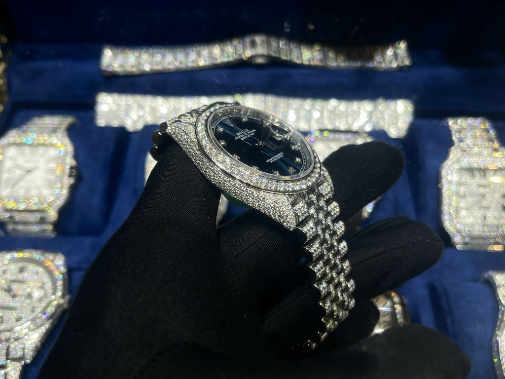 Rolex Watch DateJust Dial Blue Full Diamonds Moissanite 41mm