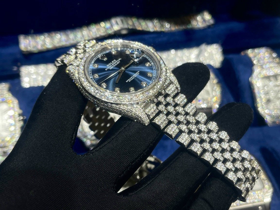 Rolex Watch DateJust Dial Blue Full Diamonds Moissanite 41mm