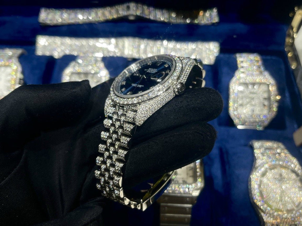 Rolex Watch DateJust Dial Blue Full Diamonds Moissanite 41mm