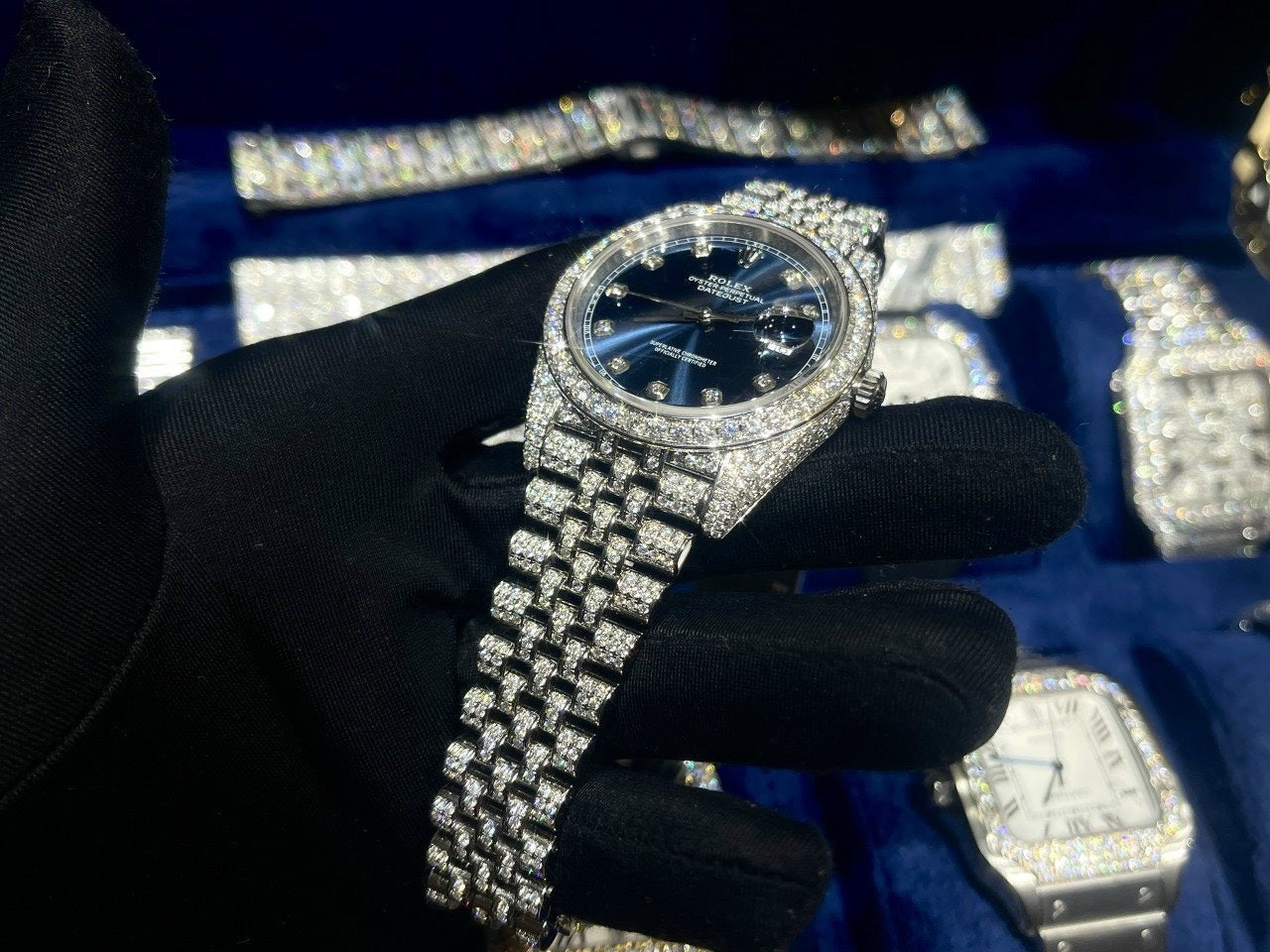 Rolex Watch DateJust Dial Blue Full Diamonds Moissanite 41mm