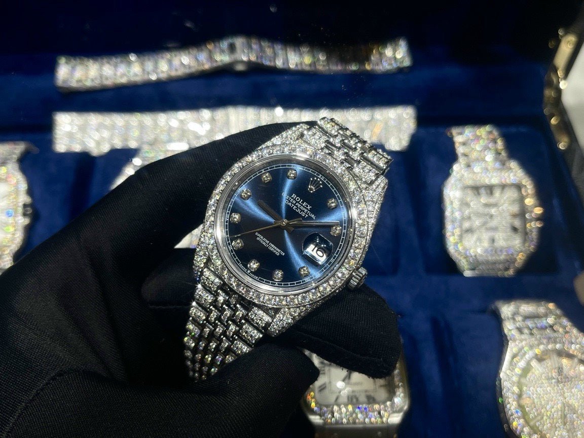 Rolex Watch DateJust Dial Blue Full Diamonds Moissanite 41mm