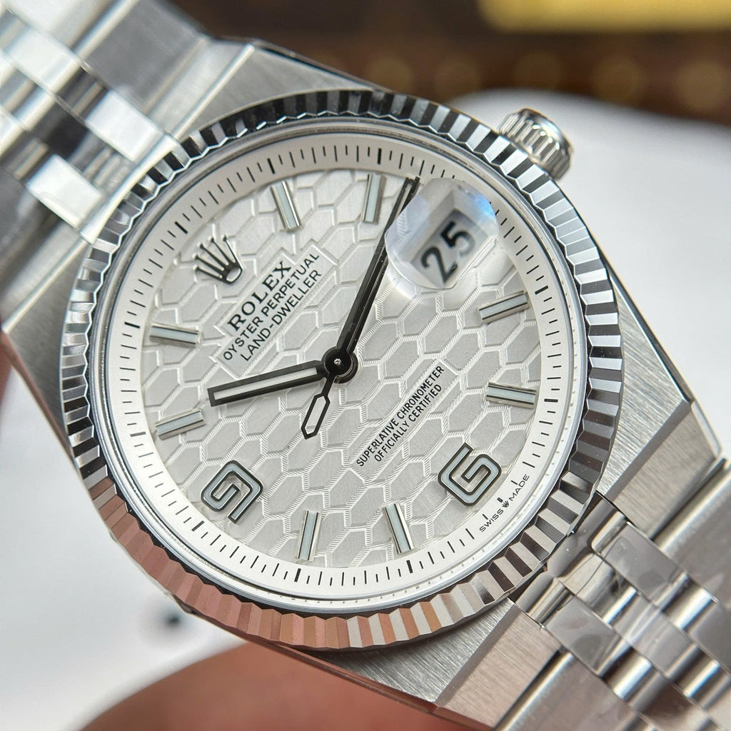 Rolex Land-Dweller 127234 Watch White Dial Honeycomb Pattern 36mm