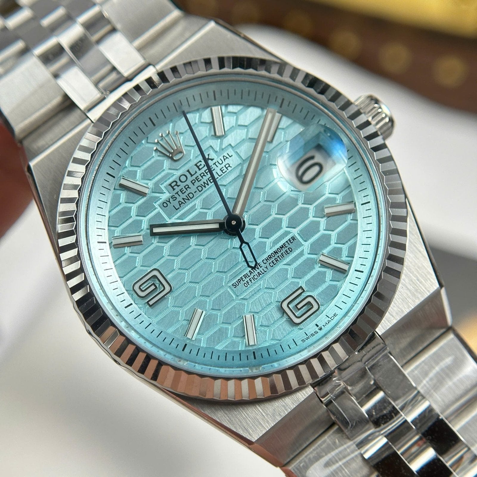 Rolex Land-Dweller 127236 Watch Ice Blue Dial Honeycomb Pattern 36mm