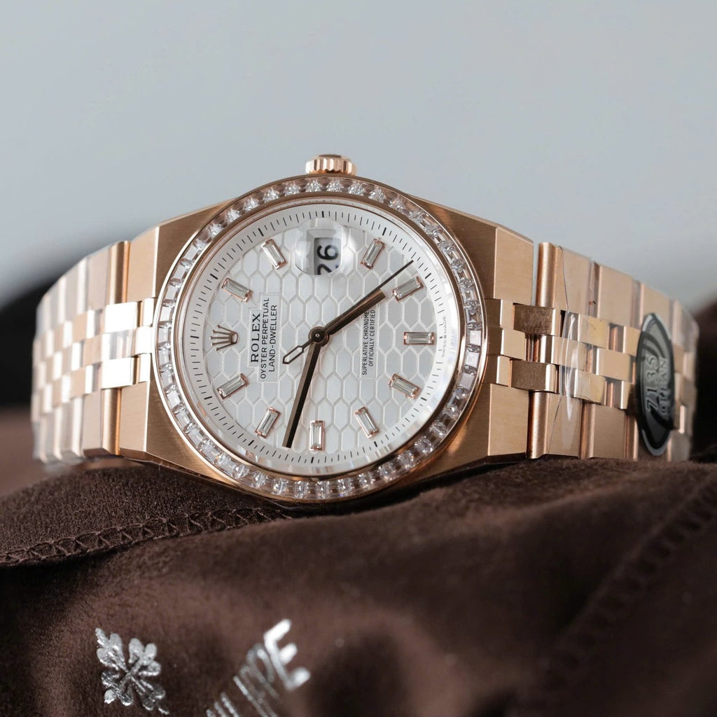 Rolex Land-Dweller 127334 White Dial Honeycomb Pattern Watch Diamonds CZ Baguette 40mm