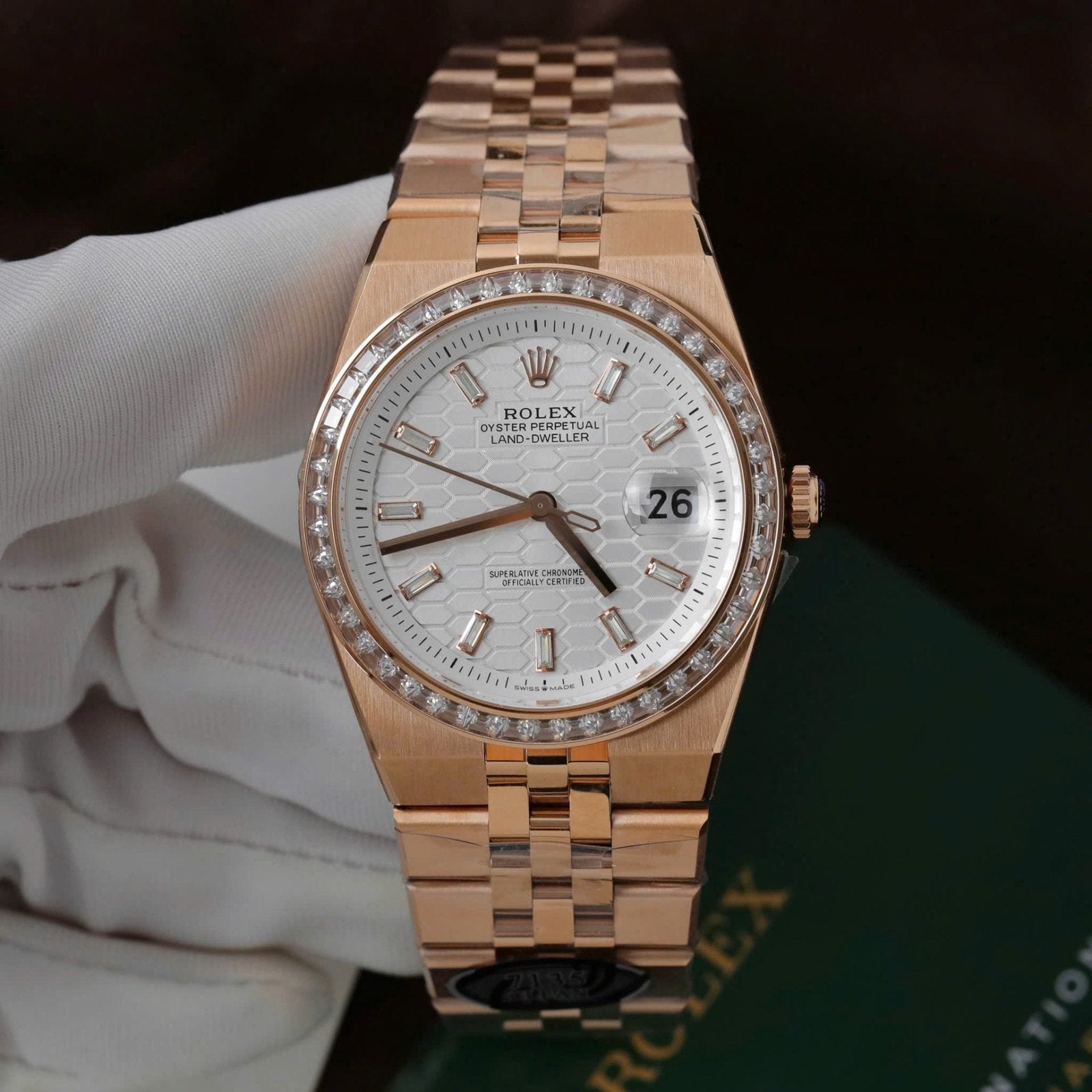Rolex Land-Dweller 127334 White Dial Honeycomb Pattern Watch Diamonds CZ Baguette 40mm