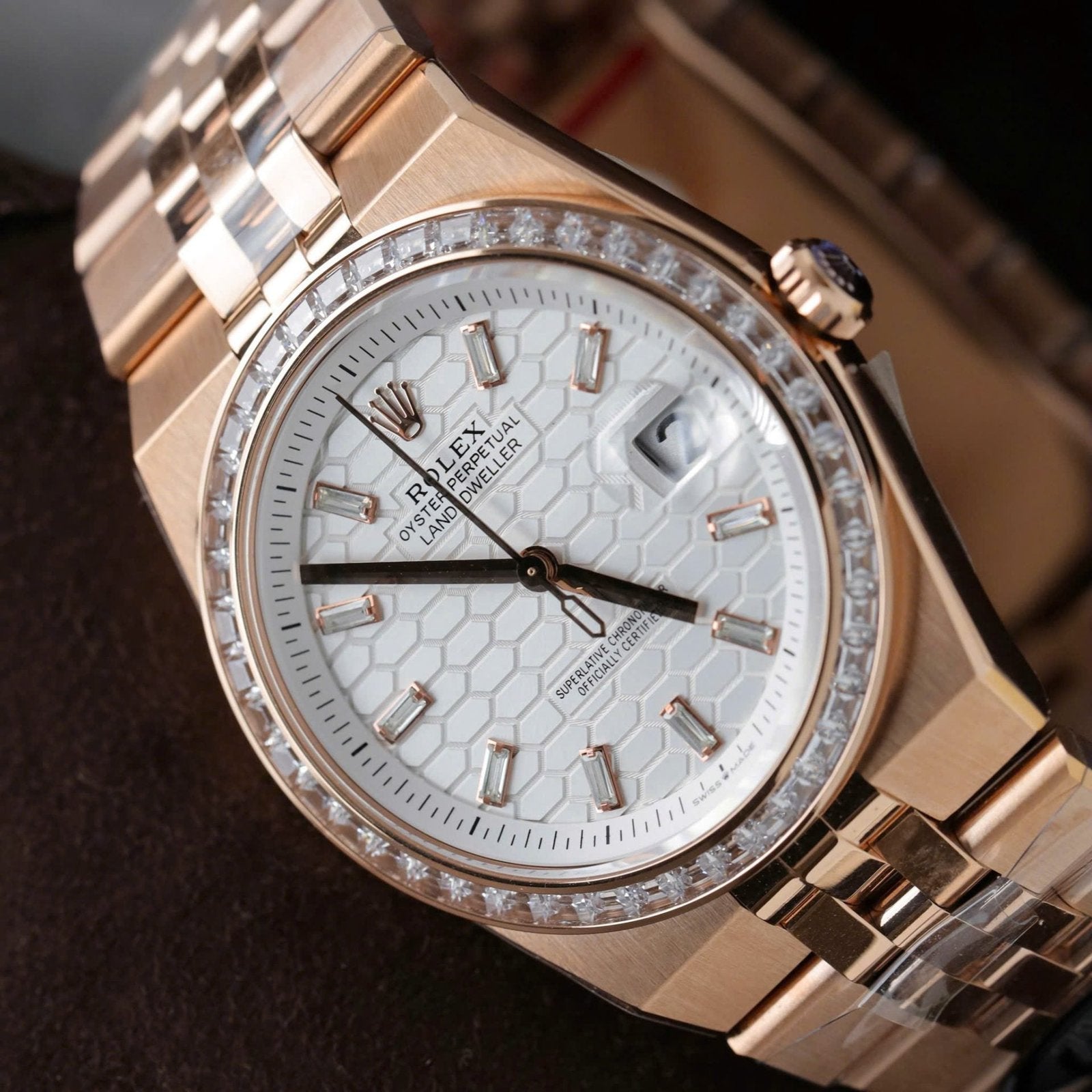 Rolex Land-Dweller 127334 White Dial Honeycomb Pattern Watch Diamonds CZ Baguette 40mm