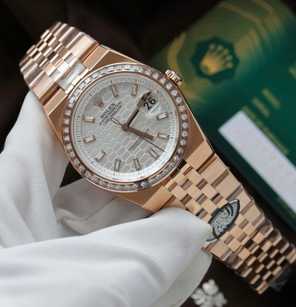 Rolex Land-Dweller 127334 White Dial Honeycomb Pattern Watch Diamonds CZ Baguette 40mm