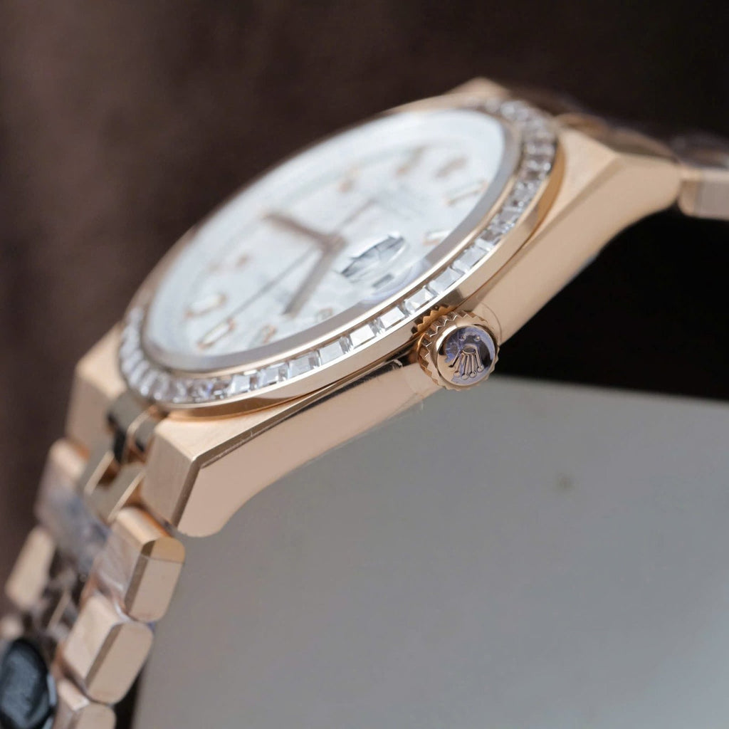 Rolex Land-Dweller 127334 White Dial Honeycomb Pattern Watch Diamonds CZ Baguette 40mm