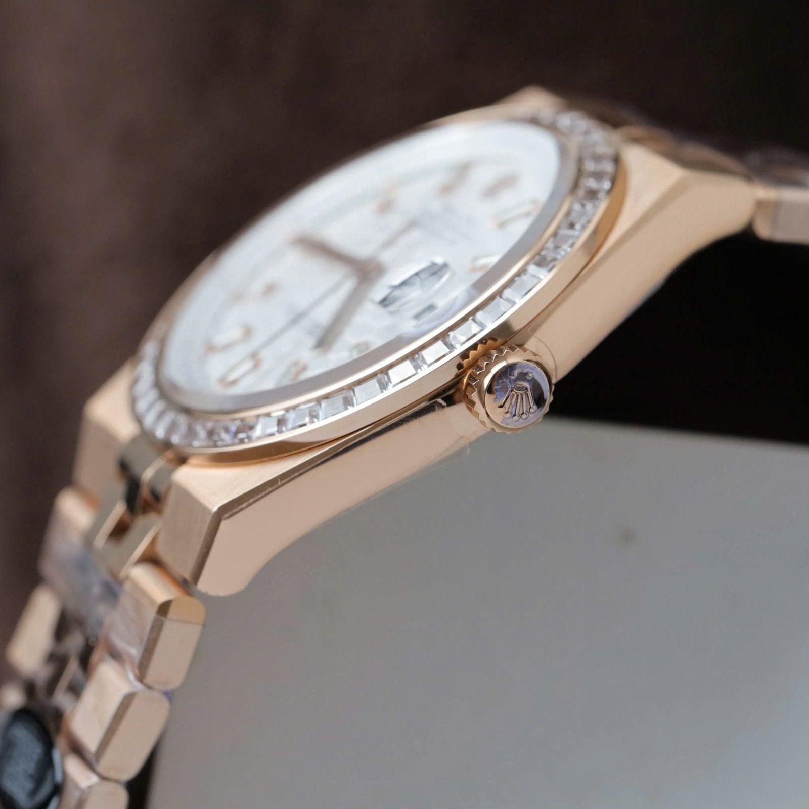 Rolex Land-Dweller 127334 White Dial Honeycomb Pattern Watch Diamonds CZ Baguette 40mm
