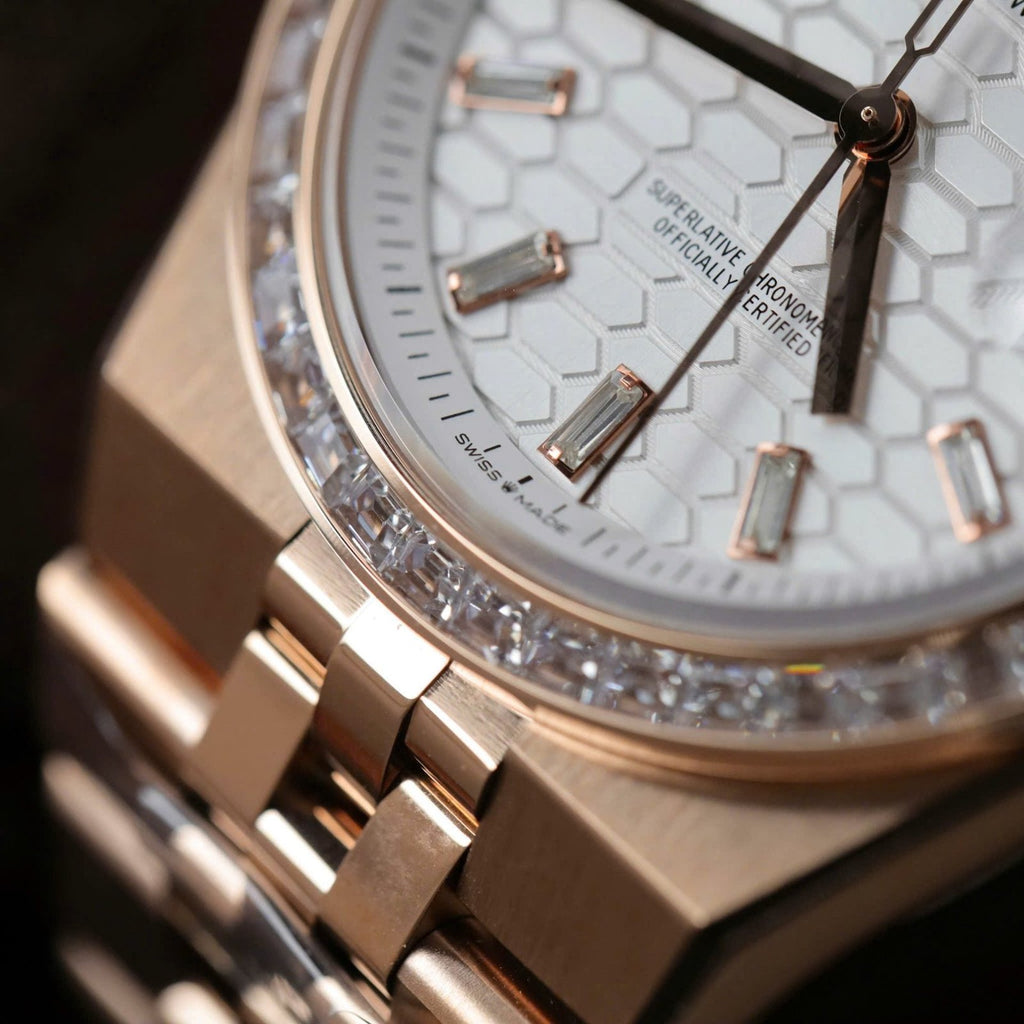 Rolex Land-Dweller 127334 White Dial Honeycomb Pattern Watch Diamonds CZ Baguette 40mm