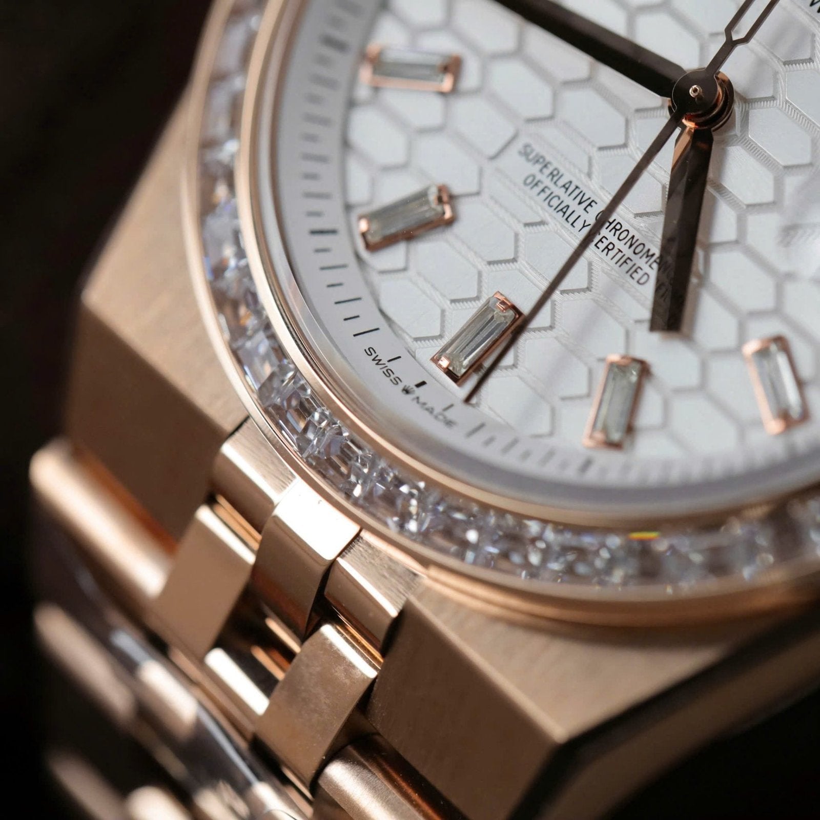 Rolex Land-Dweller 127334 White Dial Honeycomb Pattern Watch Diamonds CZ Baguette 40mm