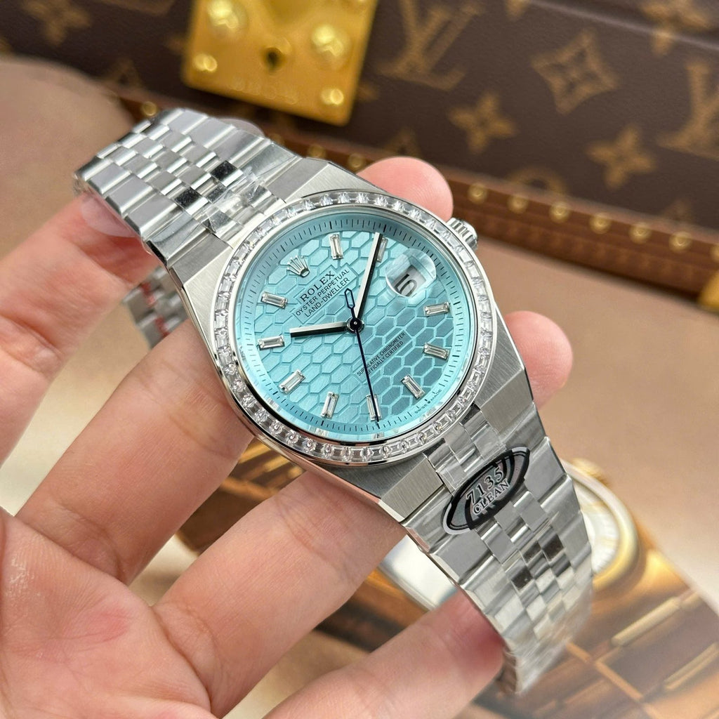 Rolex Land-Dweller 127336 Ice Blue Dial Honeycomb Pattern Watch Diamonds CZ Baguette 40mm