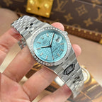 Rolex Land-Dweller 127336 Ice Blue Dial Honeycomb Pattern Watch Diamonds CZ Baguette 40mm