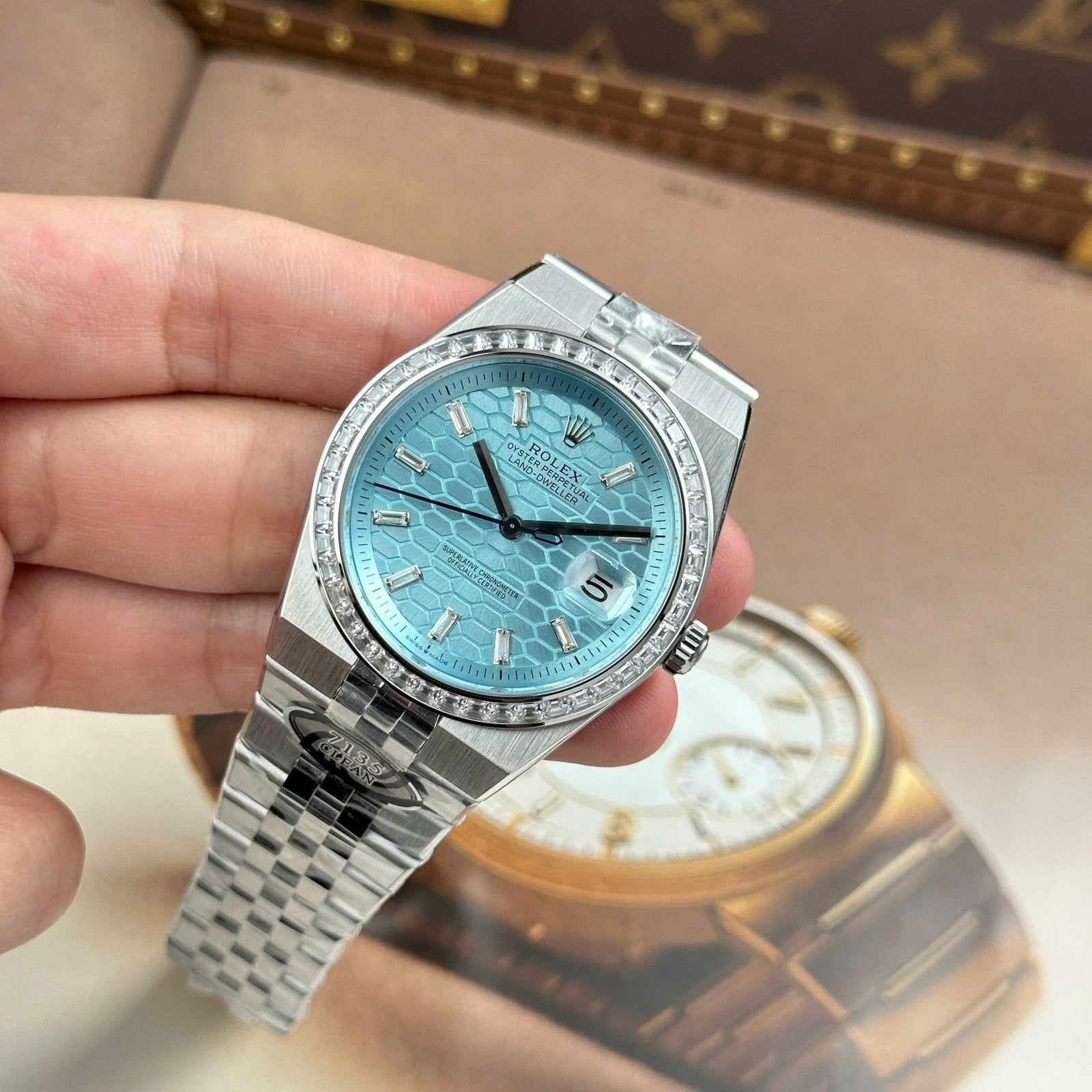 Rolex Land-Dweller 127336 Ice Blue Dial Honeycomb Pattern Watch Diamonds CZ Baguette 40mm