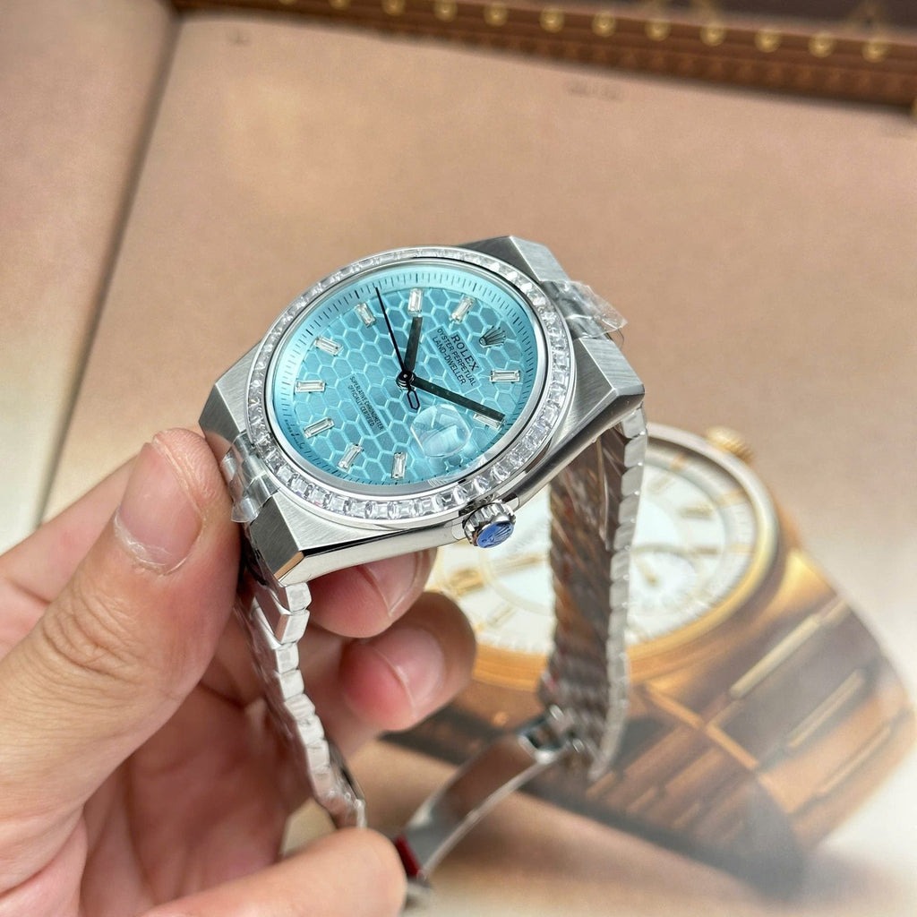 Rolex Land-Dweller 127336 Ice Blue Dial Honeycomb Pattern Watch Diamonds CZ Baguette 40mm