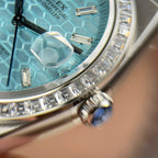 Rolex Land-Dweller 127336 Ice Blue Dial Honeycomb Pattern Watch Diamonds CZ Baguette 40mm