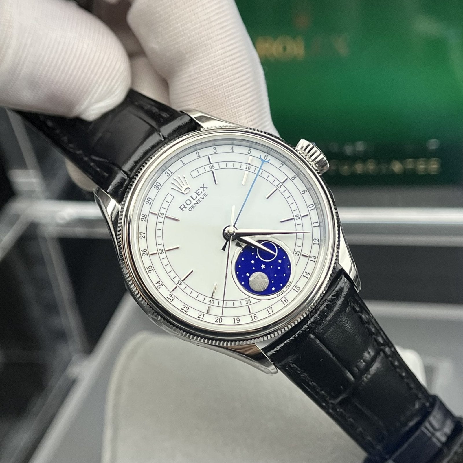 Rolex Moonphase 50535 Watch Black Leather Strap 39mm