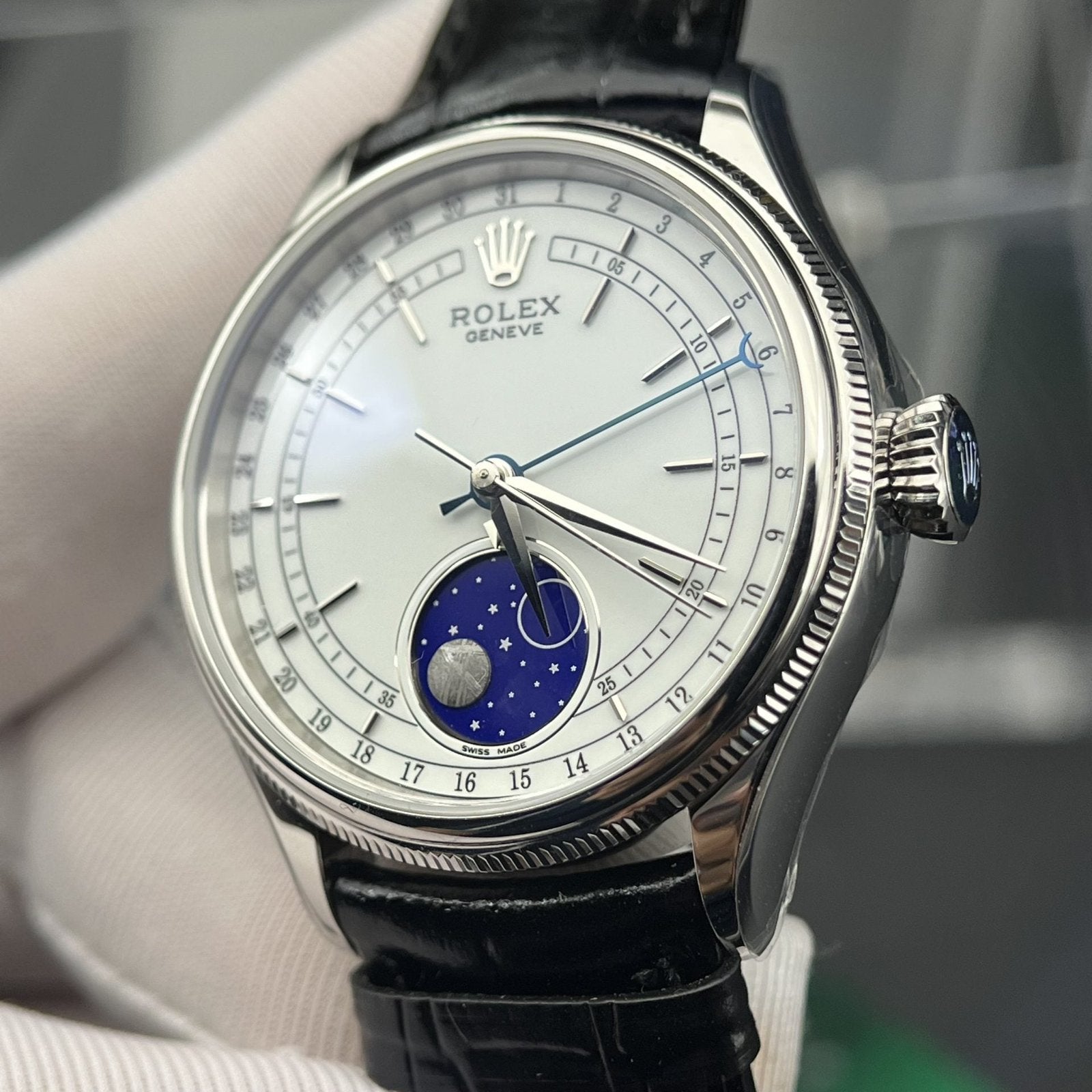 Rolex Moonphase 50535 Watch Black Leather Strap 39mm