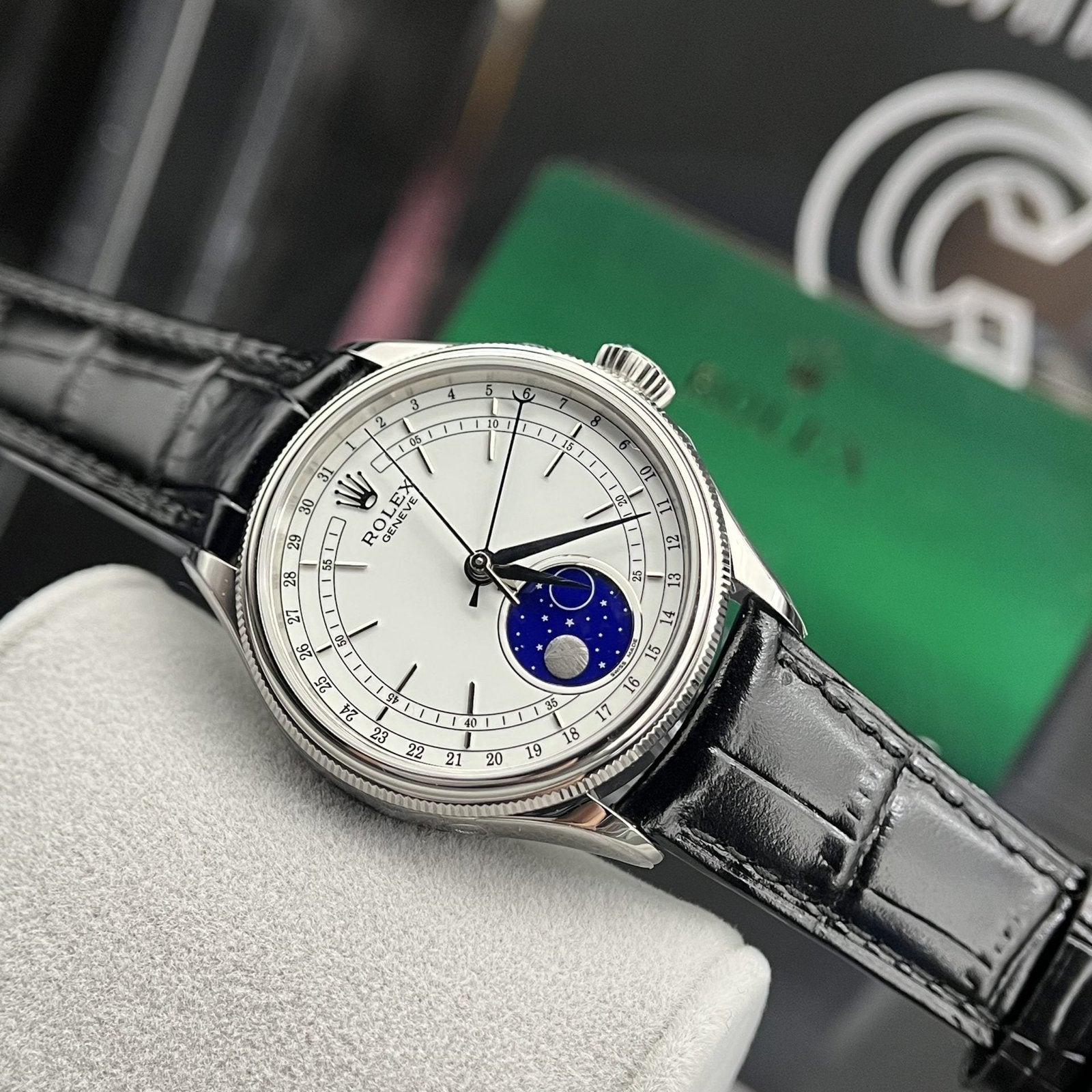 Rolex Moonphase 50535 Watch Black Leather Strap 39mm