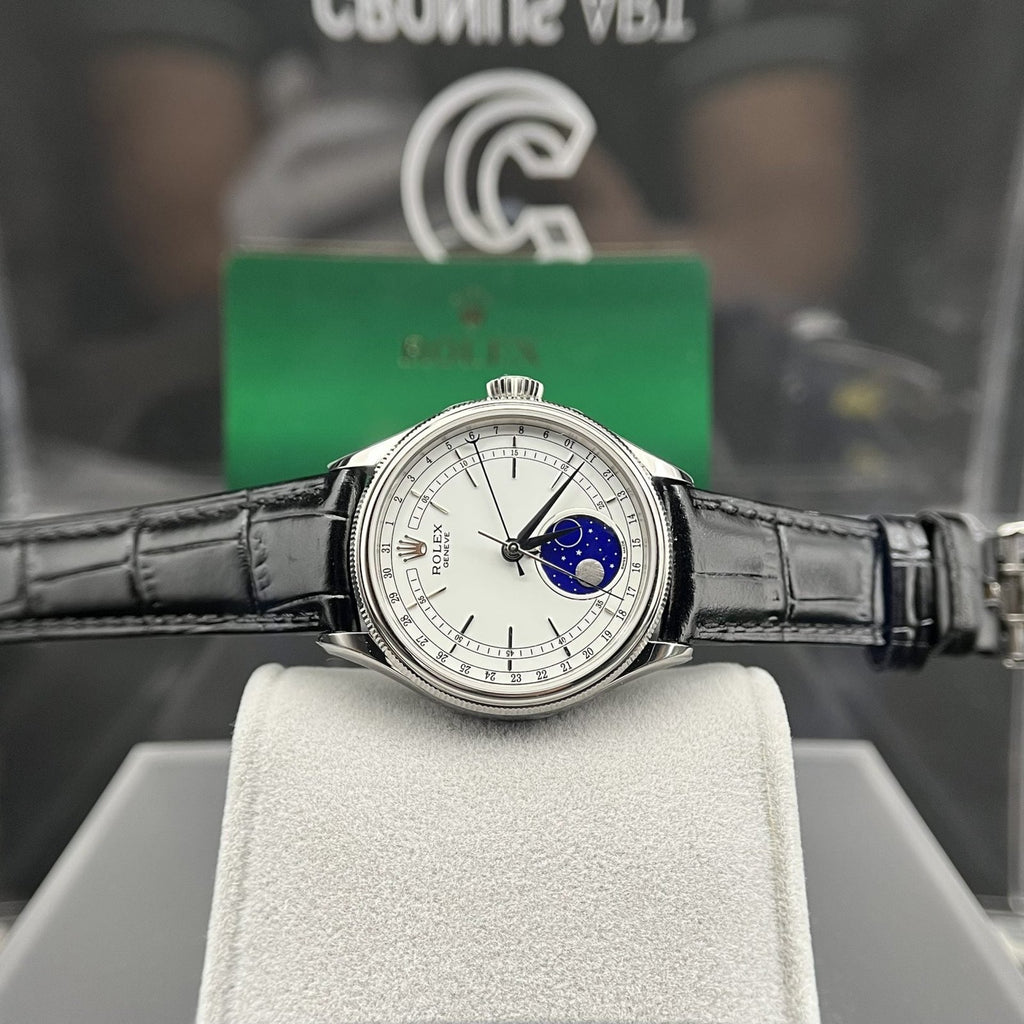 Rolex Moonphase 50535 Watch Black Leather Strap 39mm