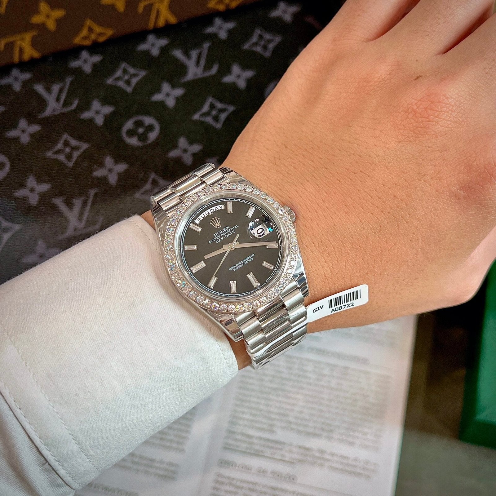 Rolex Day-Date Watch Black Dial Moissanite Diamonds 40mm