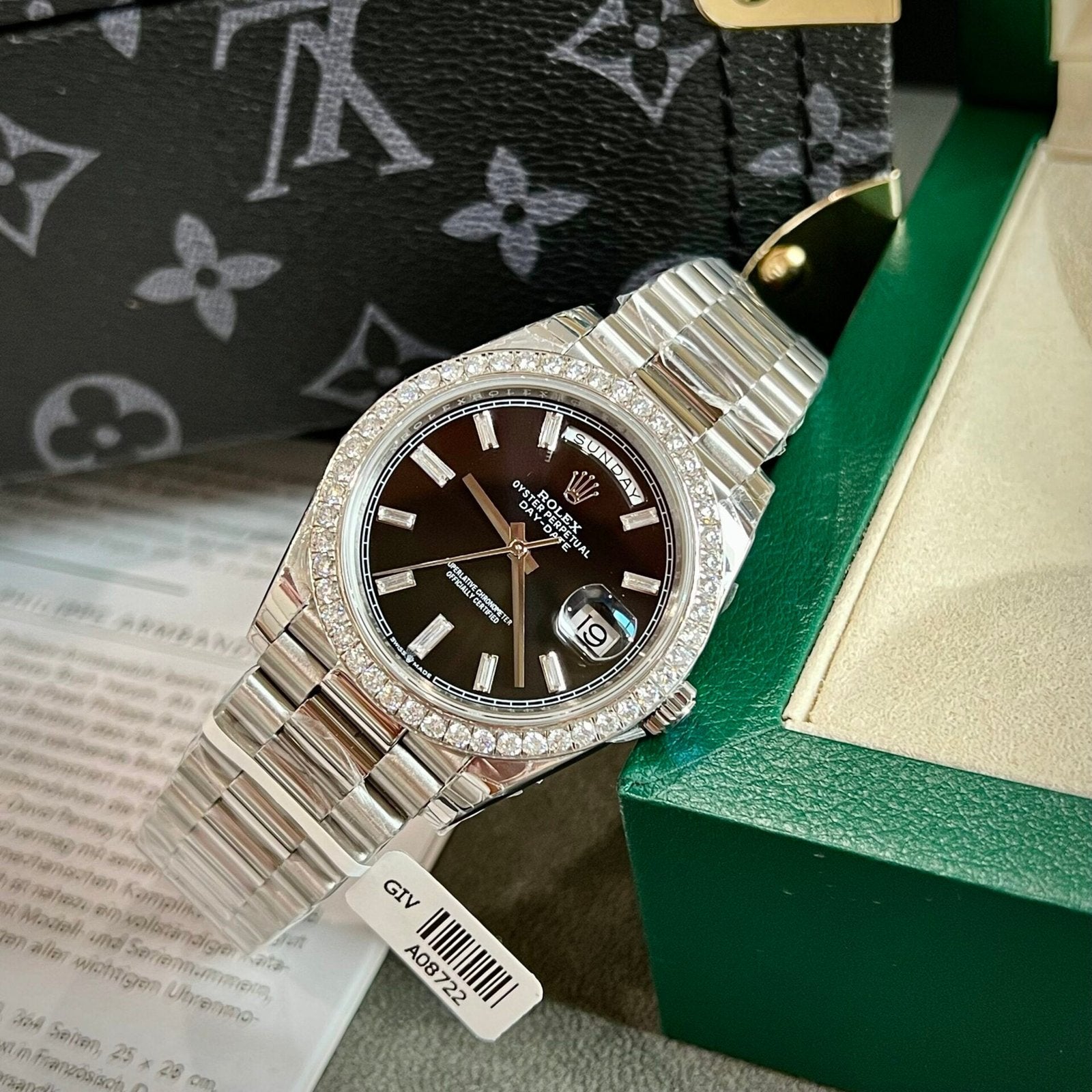 Rolex Day-Date Watch Black Dial Moissanite Diamonds 40mm
