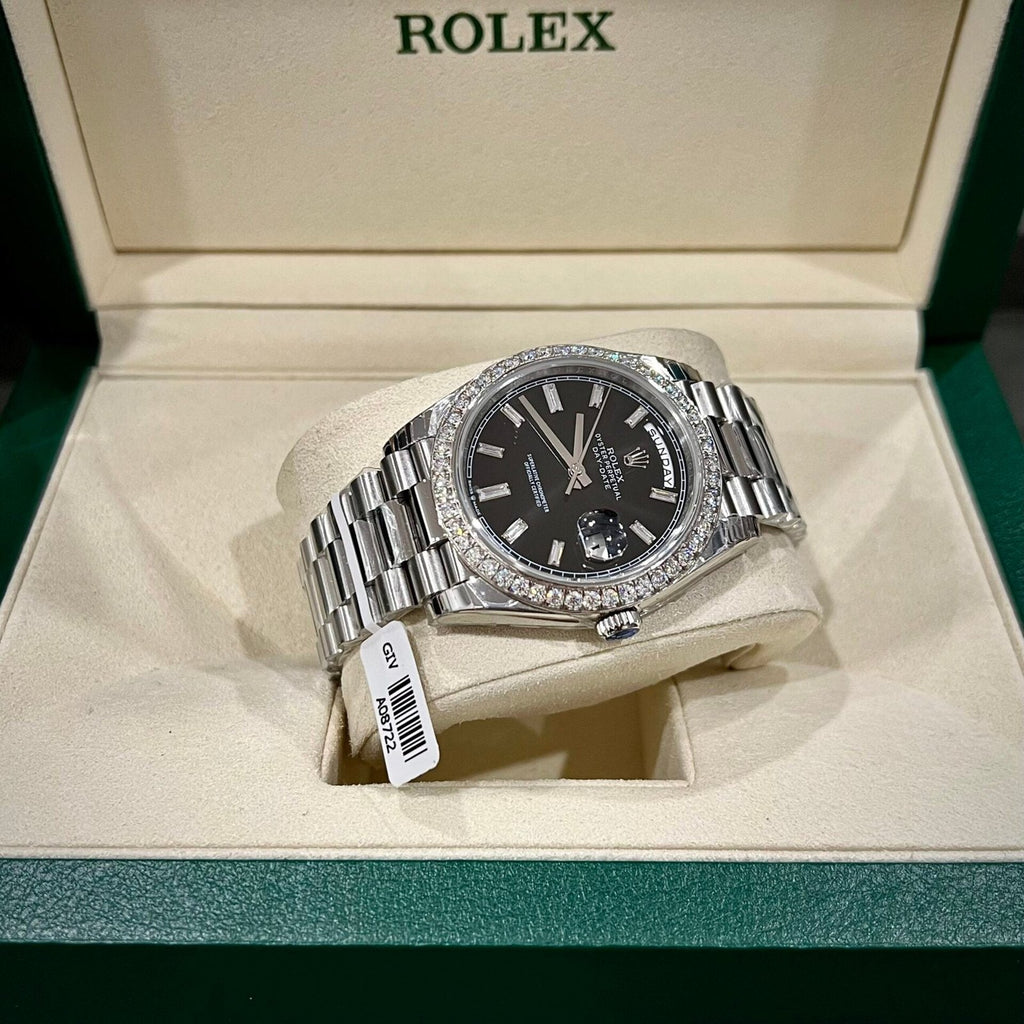 Rolex Day-Date Watch Black Dial Moissanite Diamonds 40mm