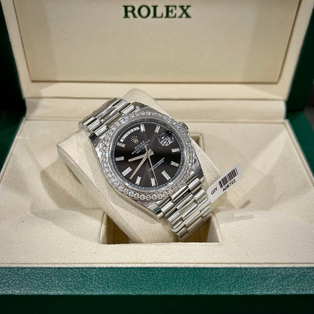 Rolex Day-Date Watch Black Dial Moissanite Diamonds 40mm