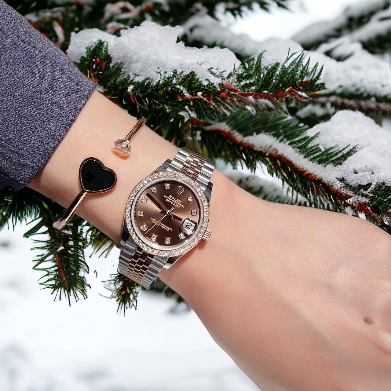 Rolex Watch Date Just Chocolate Dial Benzel Moissanite Diamonds 31mm