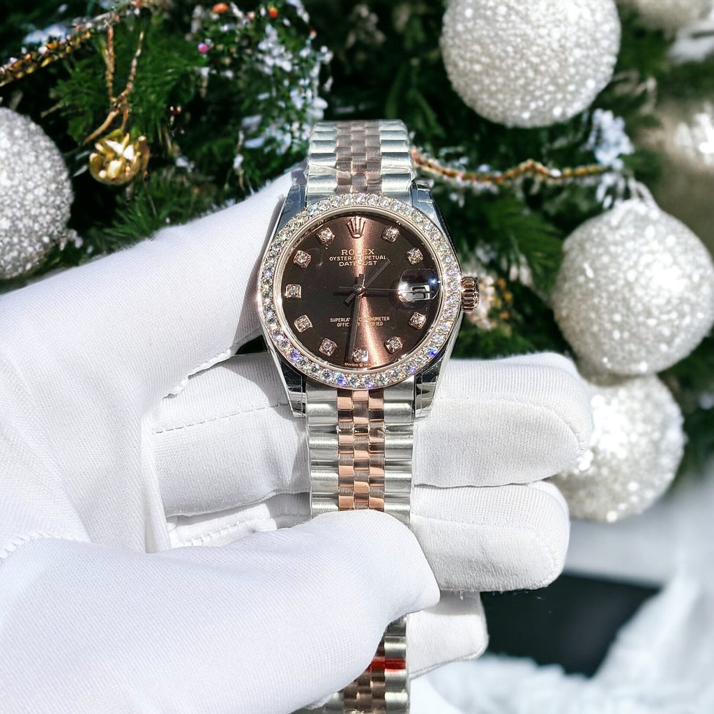 Rolex Watch Date Just Chocolate Dial Benzel Moissanite Diamonds 31mm