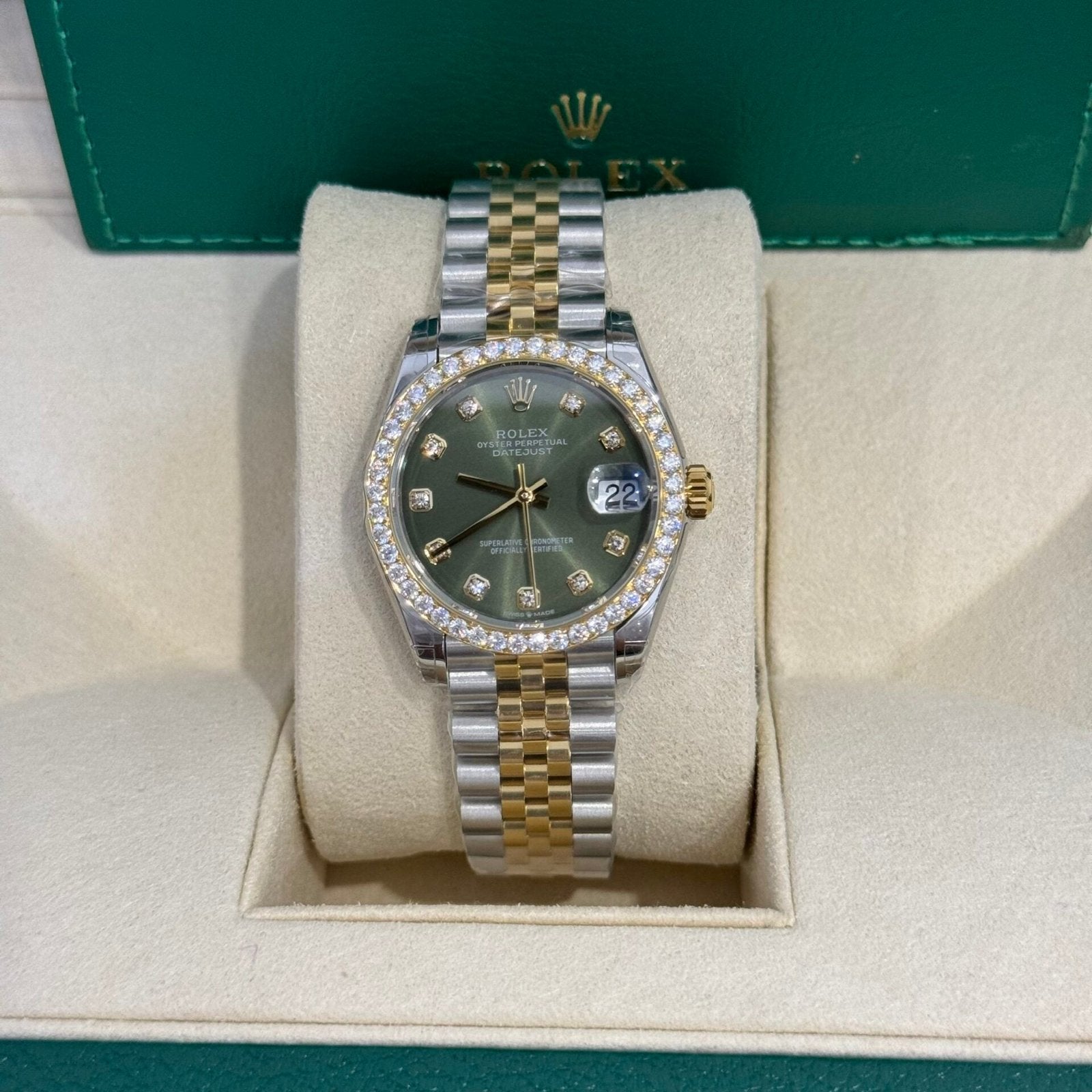 Rolex DateJust Watch Moissanite Diamond Green Dial 31mm